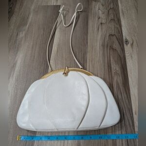 Vintage Judith Leiber White Lizard Leather Corssbody Clutch, Gold Jeweled